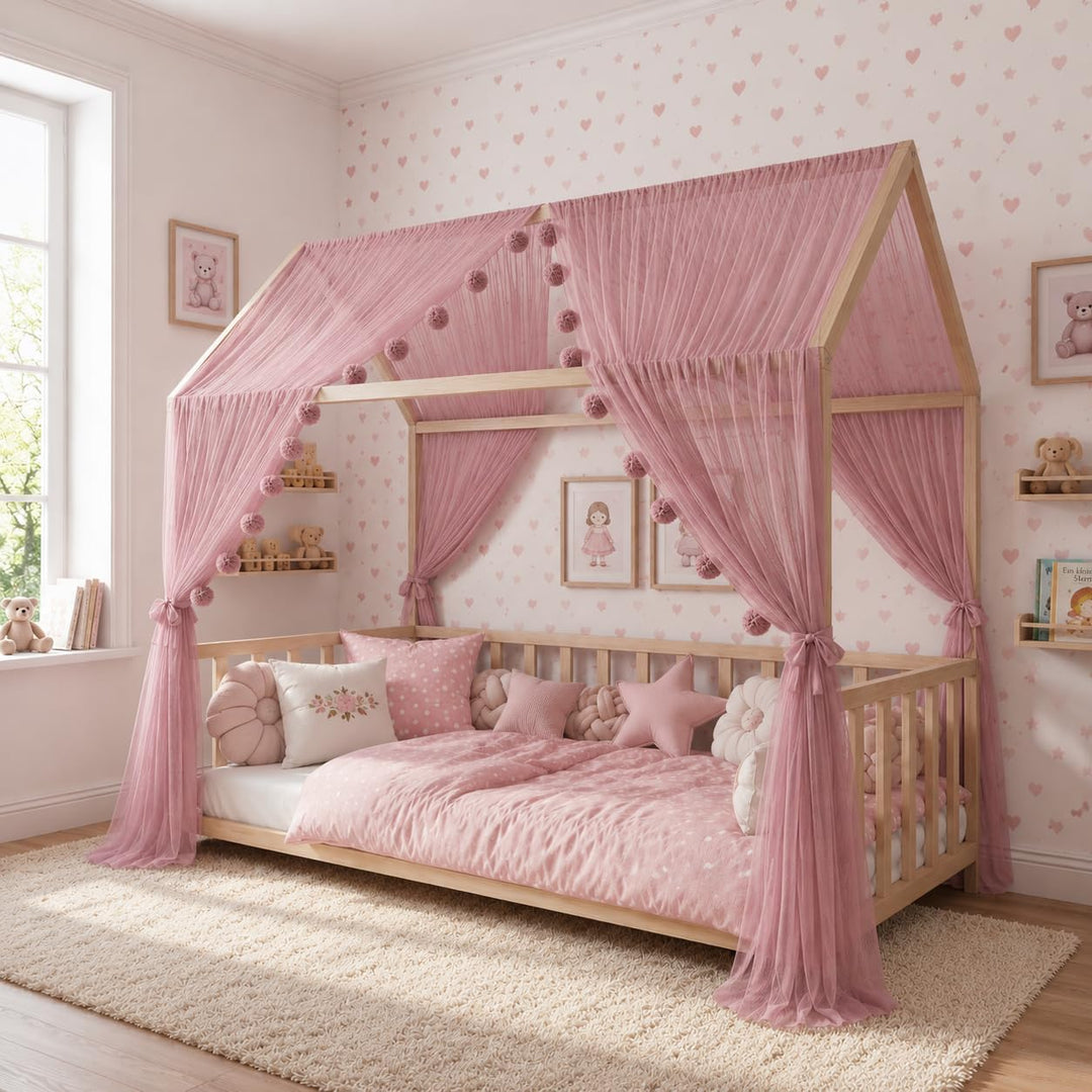 Baby Fancyroom Betthimmel für Hausbett, Bettvorhang aus Tüll, Beige, 2er Set mit Schleifen und Pompo
