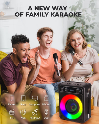 BONAOK Tragbare Karaoke-Maschine, Bluetooth-Karaoke-System mit 2 Mikrofonen, wiederaufladbare Party-