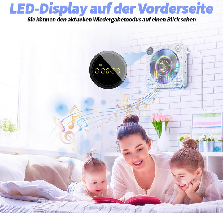 DESOBRY Tragbarer CD Player mit Bluetooth, Kleiner CD-Player für die Wandmontage mit Lautsprechern,