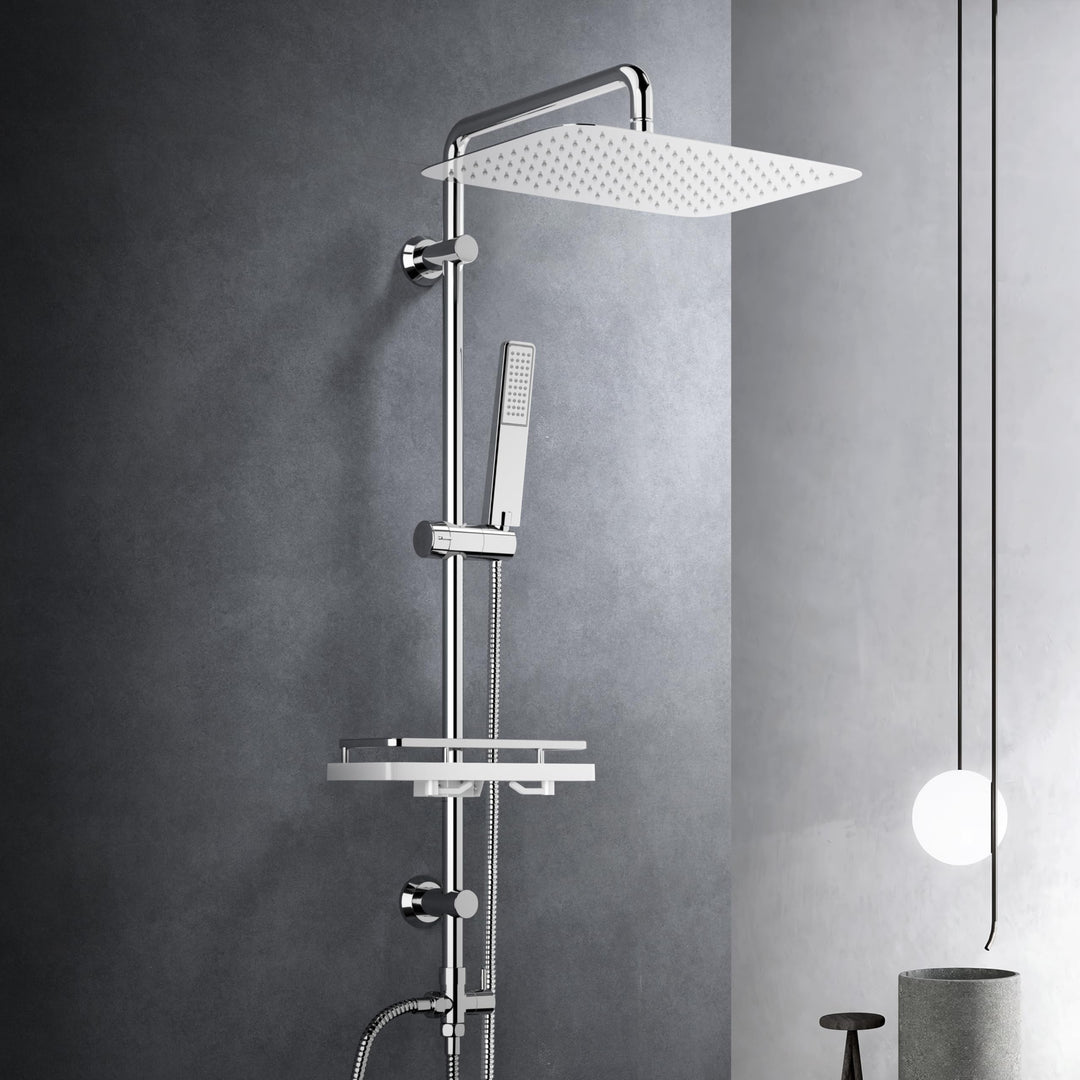 Görbach Regendusche Duschset Duschsystem mit Ablage Chrom Duschstangeset ohne Duscharmatur (35x25) Y