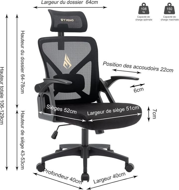 symino Bürostuhl, Bürostuhl Ergonomischer mit Verstellbarer Kopfstütze, Armlehnen, Lordosenstütze, d