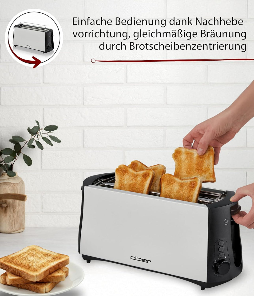 Cloer 3710 Langschlitztoaster für 4 Toastscheiben / 1380 W / integrierter Brötchenaufsatz / Nachhebe