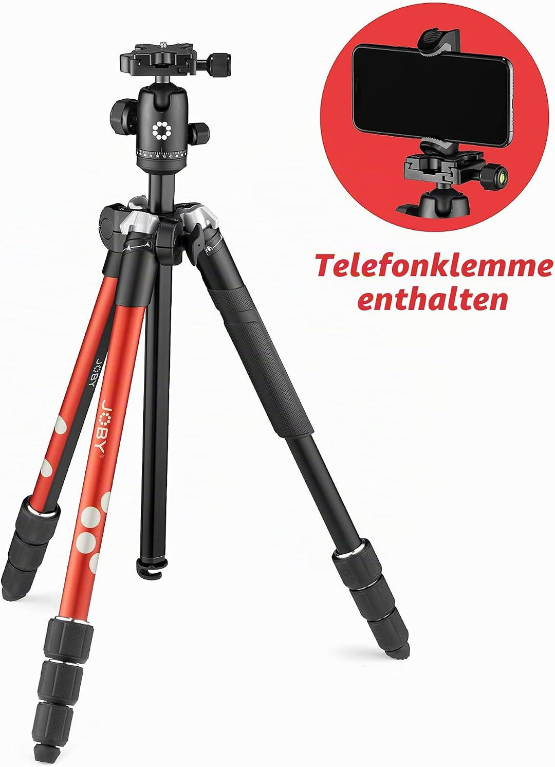 JOBY RangePod, rotes Alu-Reisestativ für Kamera/Smartphone mit Kugelkopf, Smartphone-Klemme und Tasc