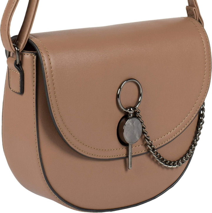 styleBREAKER Damen halbrunde Saddle Bag Umhängetasche einfarbig, Stift Verschluss und Kette, Schulte