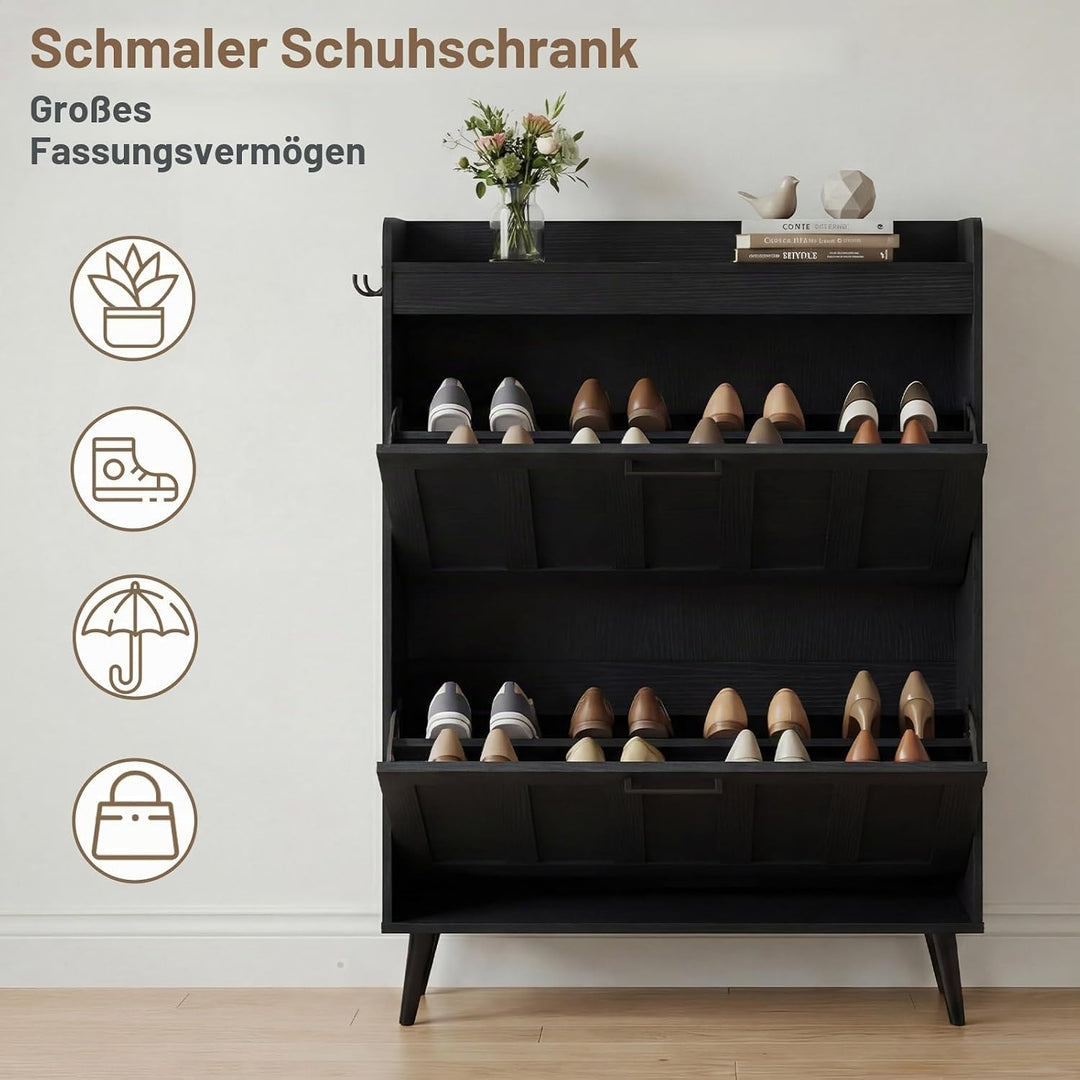 Schuhschrank Schmal mit 2 Klappschubladen, Landhausstil Schuhaufbewahrung für Flur Wohnzimmer, Kipps