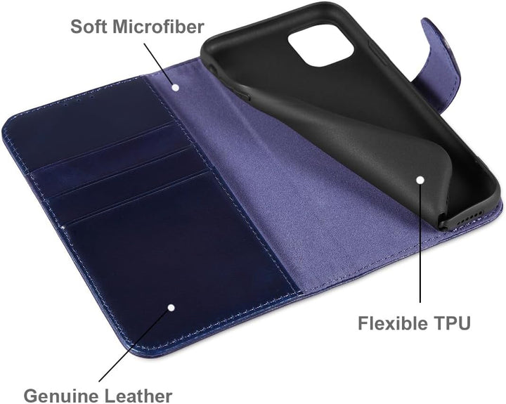 LENSUN Echtleder Handyhülle für iPhone 11, Hülle [Echtes Leder][Standfunktion][Kartenfächer] Handyta