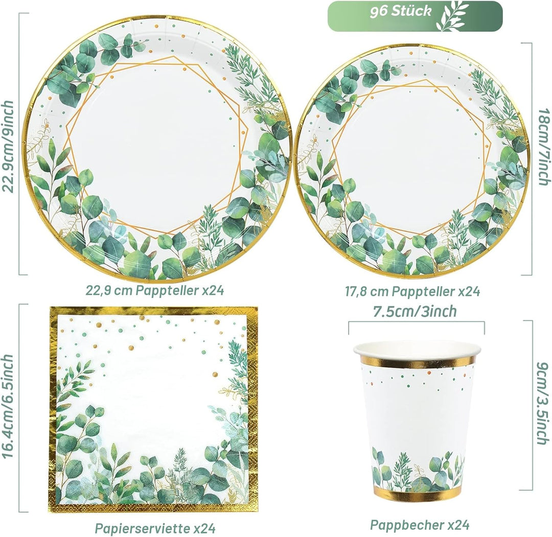 Grün Partygeschirr Set,96Pcs Green Gold Baby Shower Pappteller,Olive Grün Einwegteller Set mit Pappt
