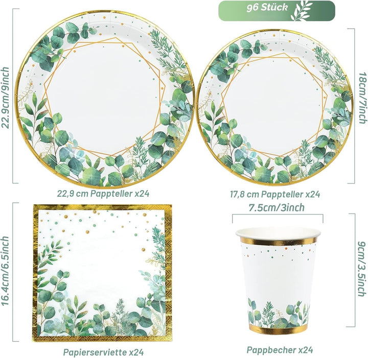 Grün Partygeschirr Set,96Pcs Green Gold Baby Shower Pappteller,Olive Grün Einwegteller Set mit Pappt