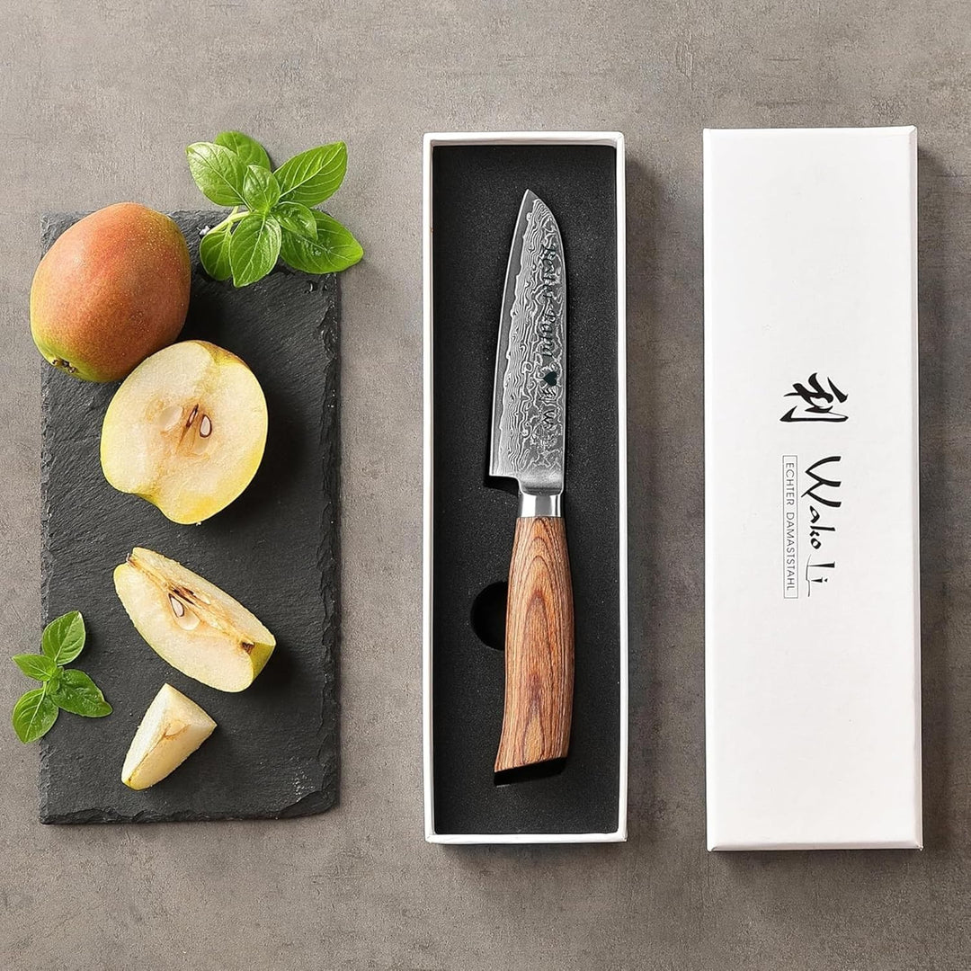 Wakoli EDIB Pro Premium Santoku Messer klein mit Klingen Gravur mit 11 cm Klinge gefertigt aus 67 La