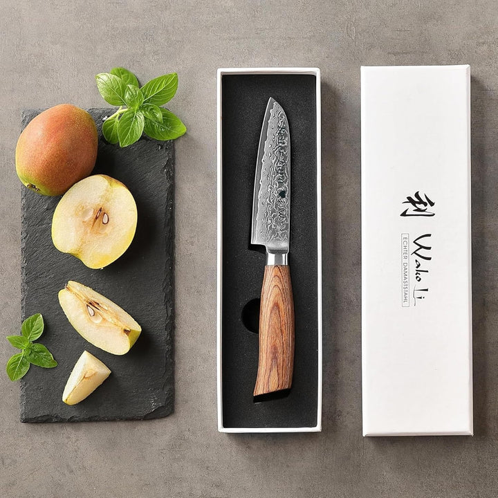 Wakoli EDIB Pro Premium Santoku Messer klein mit Klingen Gravur mit 11 cm Klinge gefertigt aus 67 La