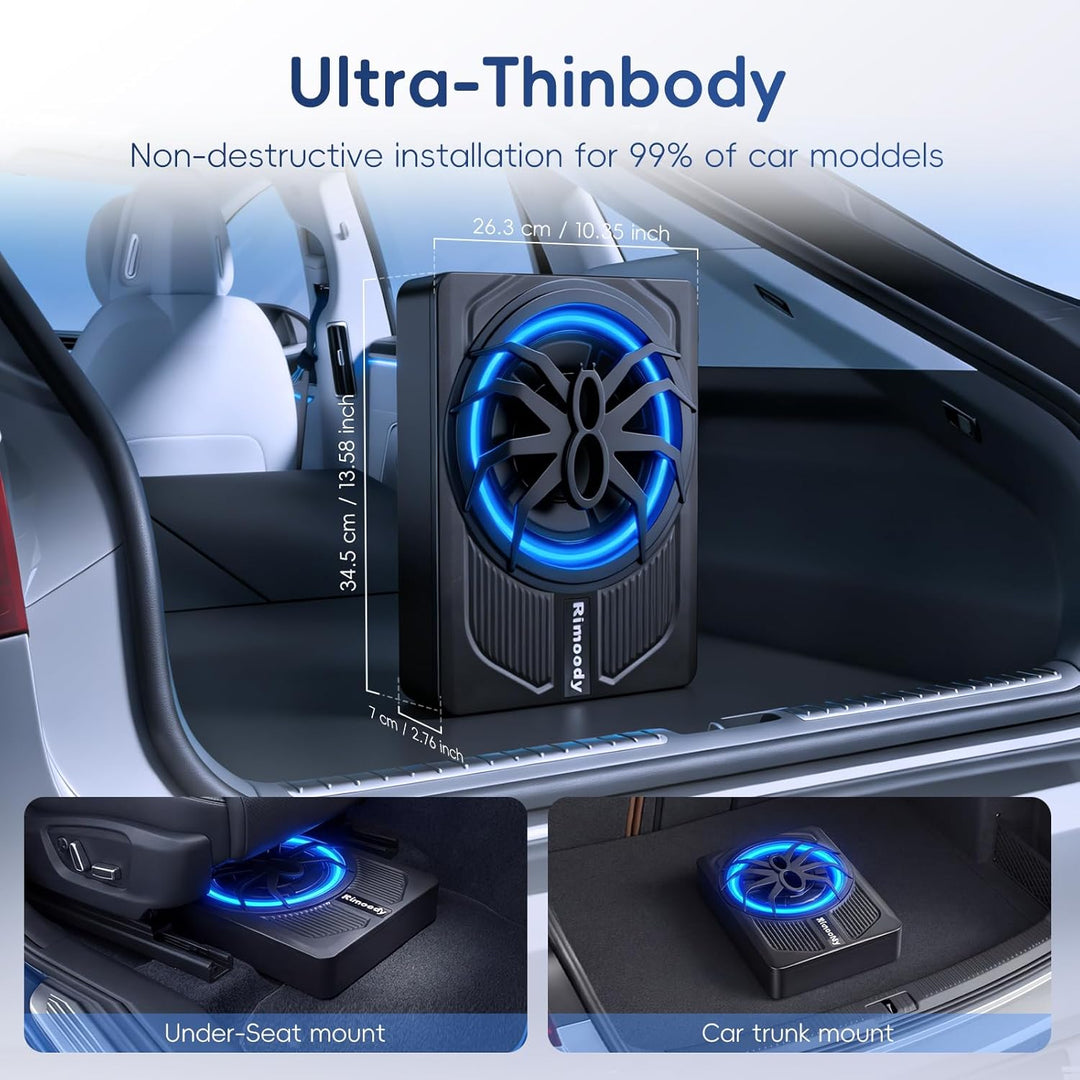 Rimoody 10 Zoll Flachbau Subwoofer Aktiv - 1000W Max Power, 120W RMS, Bass Boost, Untersitz Subwoofe