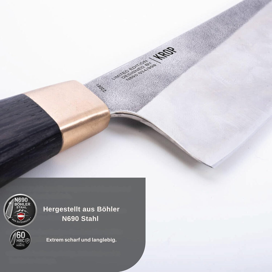 Pirge Handmade X KROP Küchenmesser | 18 cm Kochmesser | 60 HRC Edelstahl, 1500 Jahre altem Mooreiche