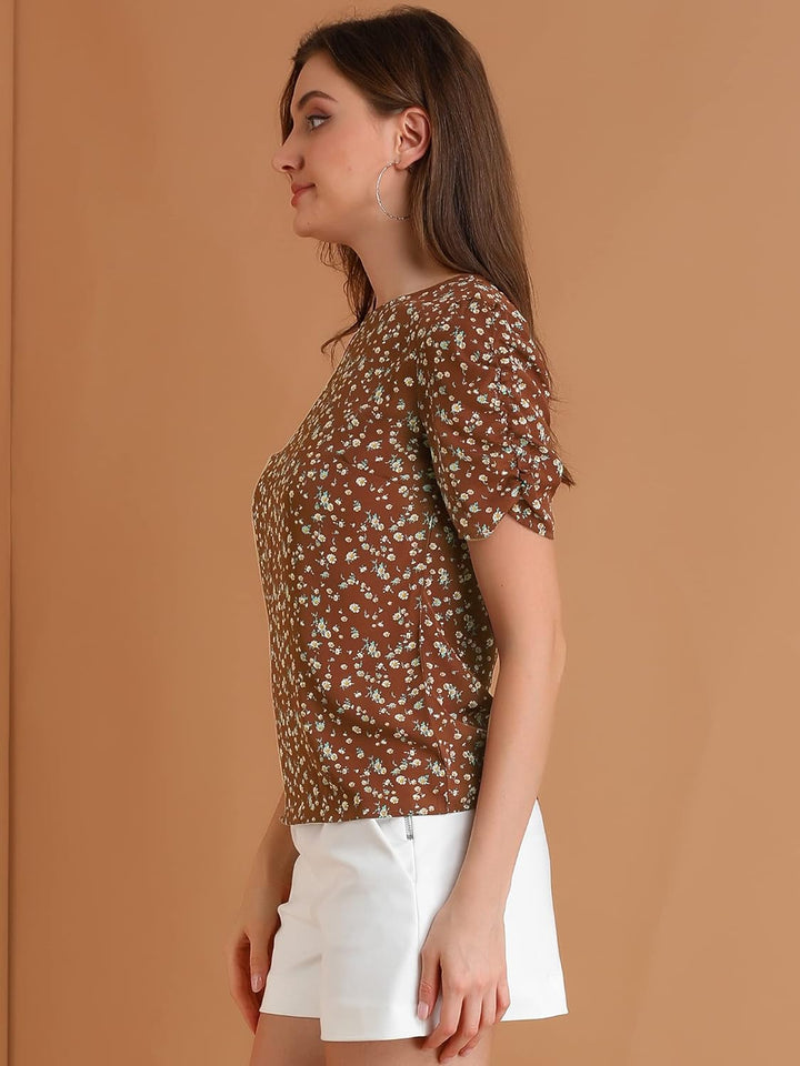 Allegra K Damen Kurzarm Business Shirt Rundhals Floral Blumen Casual Oberteil Bluse M Braun, M Braun