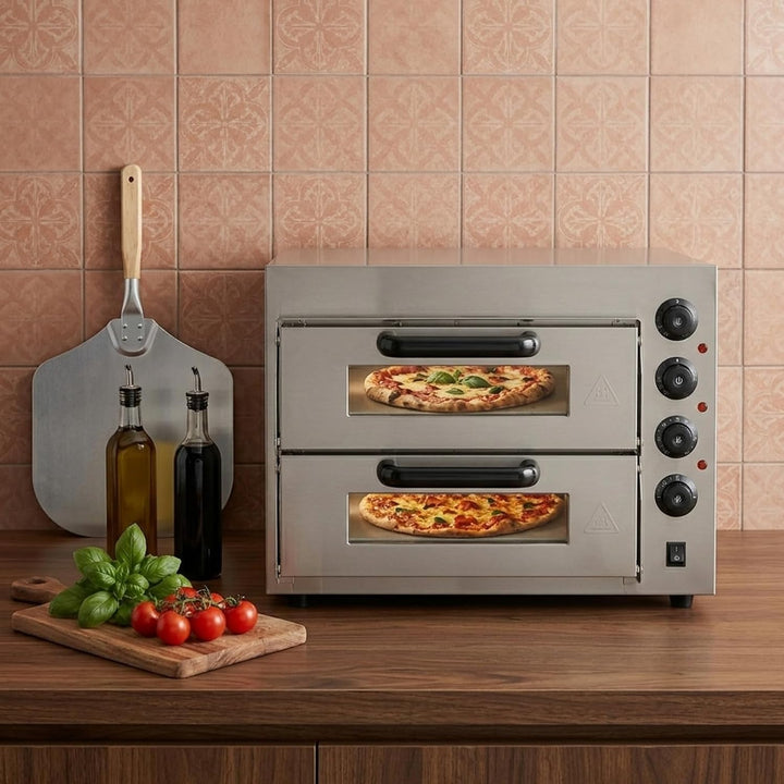 Doppelstock Pizzaofen aus Edelstahl, 3000W Pizzaofen, Elektrisch Pizzabackofen, Mehrzweck-Pizzamaker