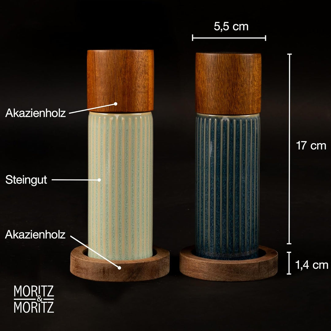 Moritz & Moritz PEPE Gewürzmühle 2er Set blau/grün - Salz und Pfeffermühle aus Steinzeug & Akazienho