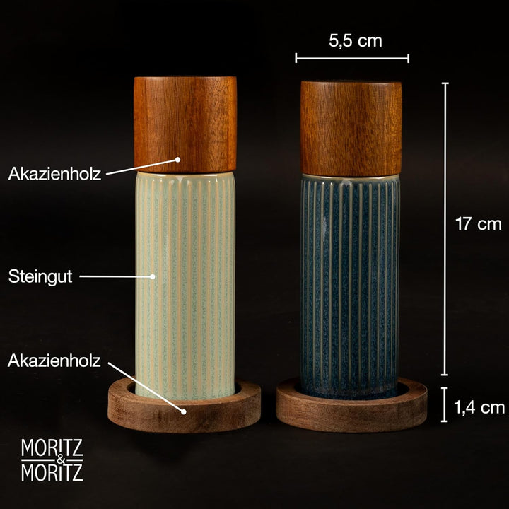 Moritz & Moritz PEPE Gewürzmühle 2er Set blau/grün - Salz und Pfeffermühle aus Steinzeug & Akazienho