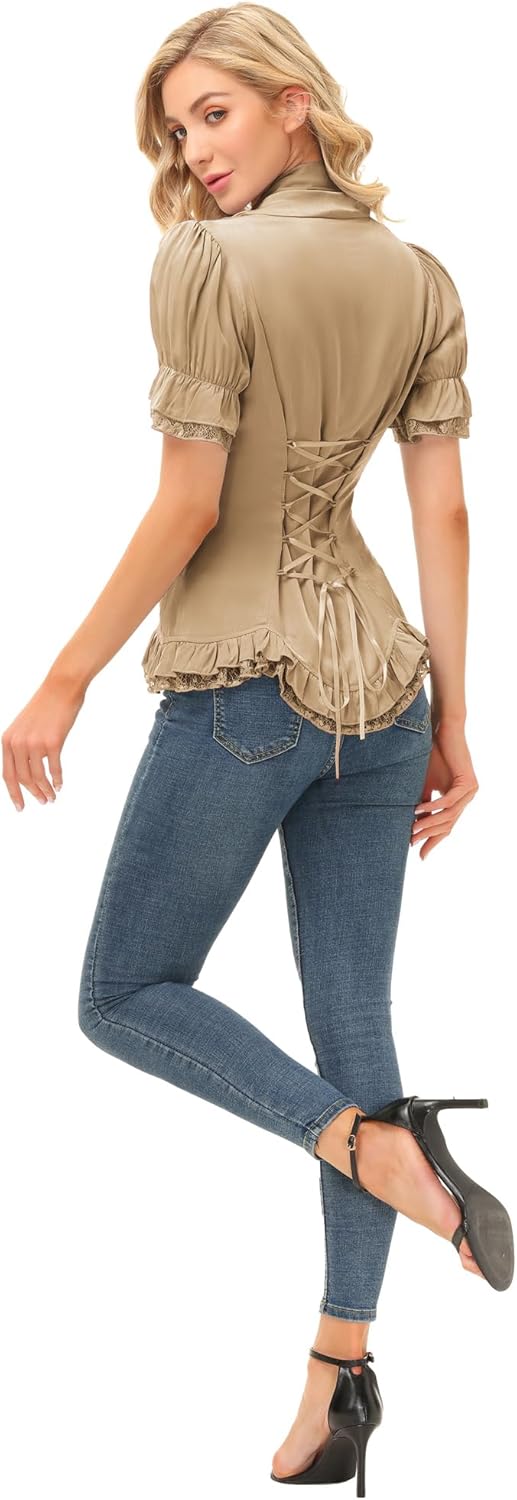 SCARLET DARKNESS Damen Rüschenbluse Mittelalter Spitzen Shirt Gothic Bluse für Party Oberteil Khaki
