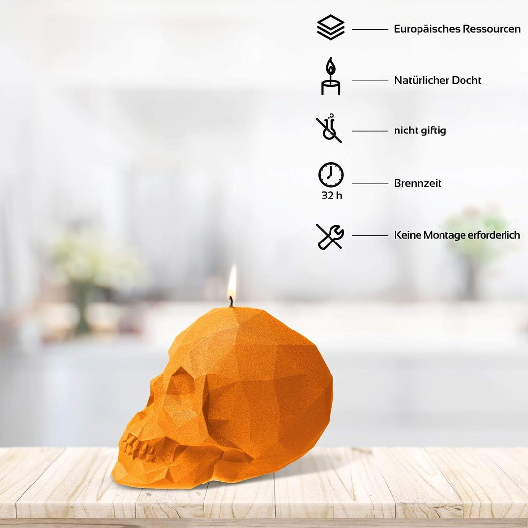 Candellana Kerze Kleiner Schädel Low Poly | Höhe: 7,5 cm | Orange | Totenkopf | Handgemacht in der E