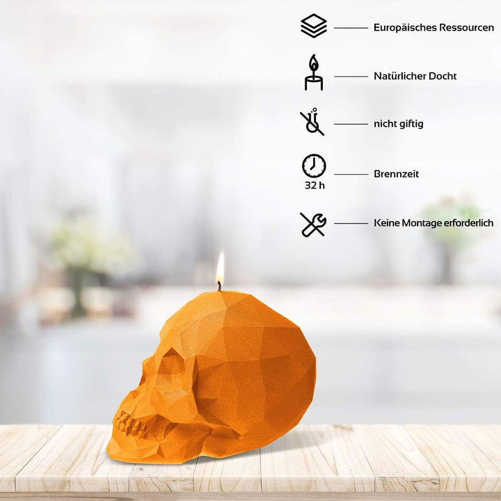 Candellana Kerze Kleiner Schädel Low Poly | Höhe: 7,5 cm | Orange | Totenkopf | Handgemacht in der E