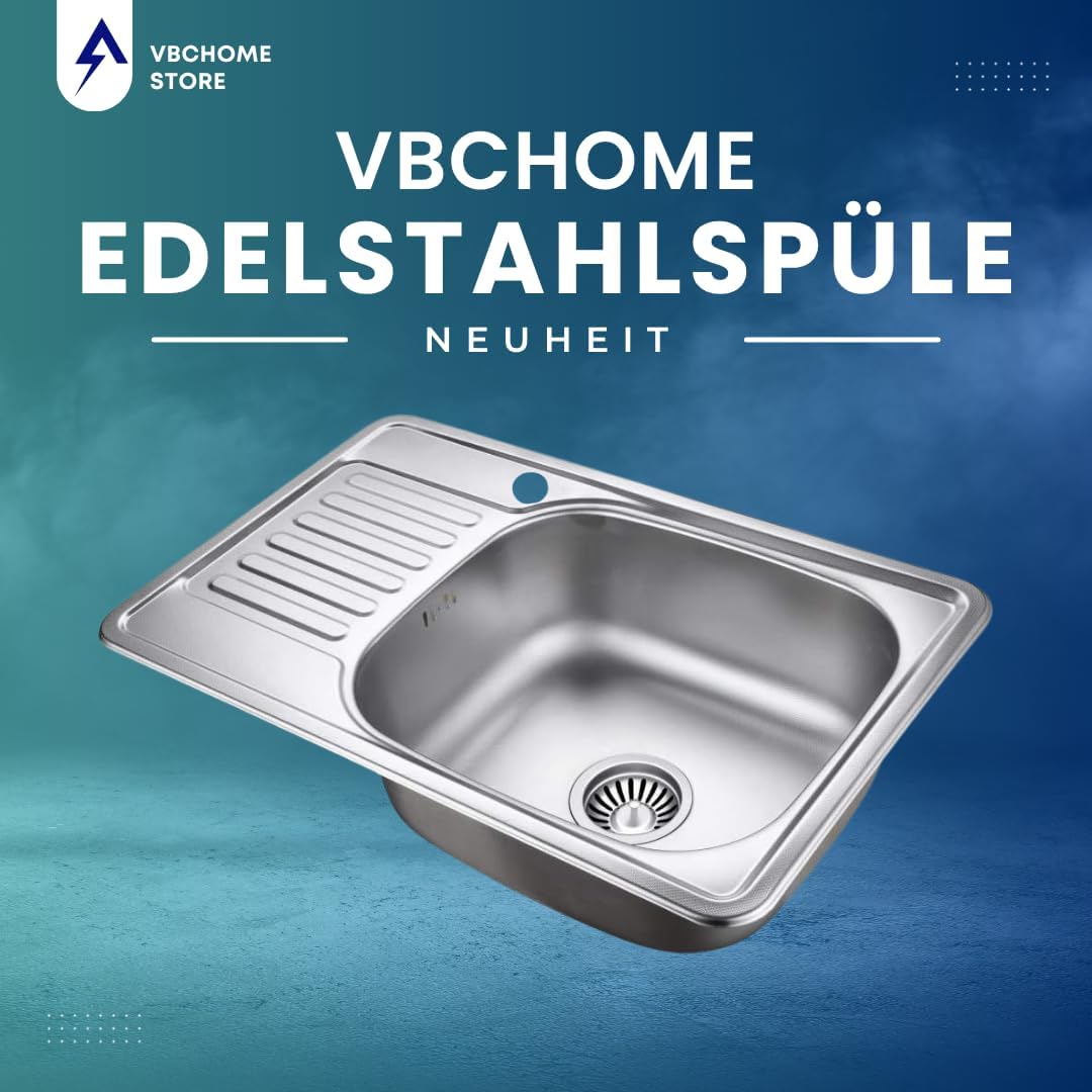 VBChome Einbauspüle 66x42 Leinenstruktur Edelstahl Küchenspüle mit Hahnloch Spüle Ablagefläche Abtro