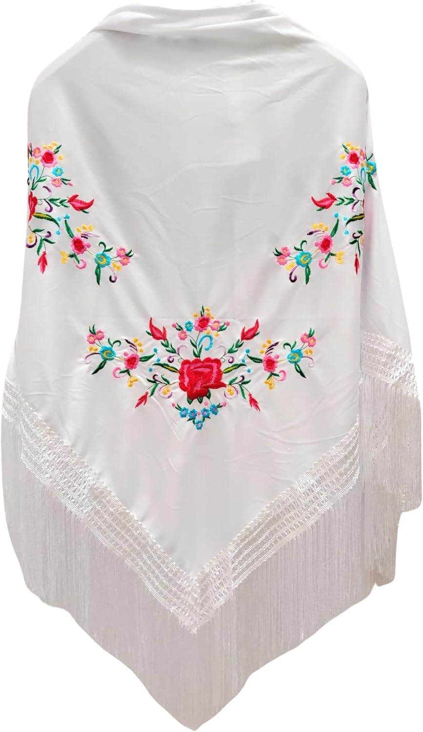 Schal mit Blumenstickerei mit Zubehör Weiss, 3 Blumen, Weiss, 3 Blumen