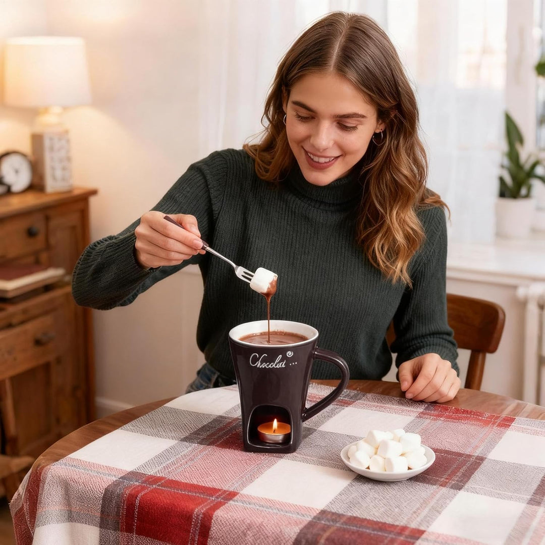 Schokoladen-Fonduetasse mit Gabeln, 130 ml, Schokoladenschmelzbecher, Keramik-Butterwärmer, Set, per