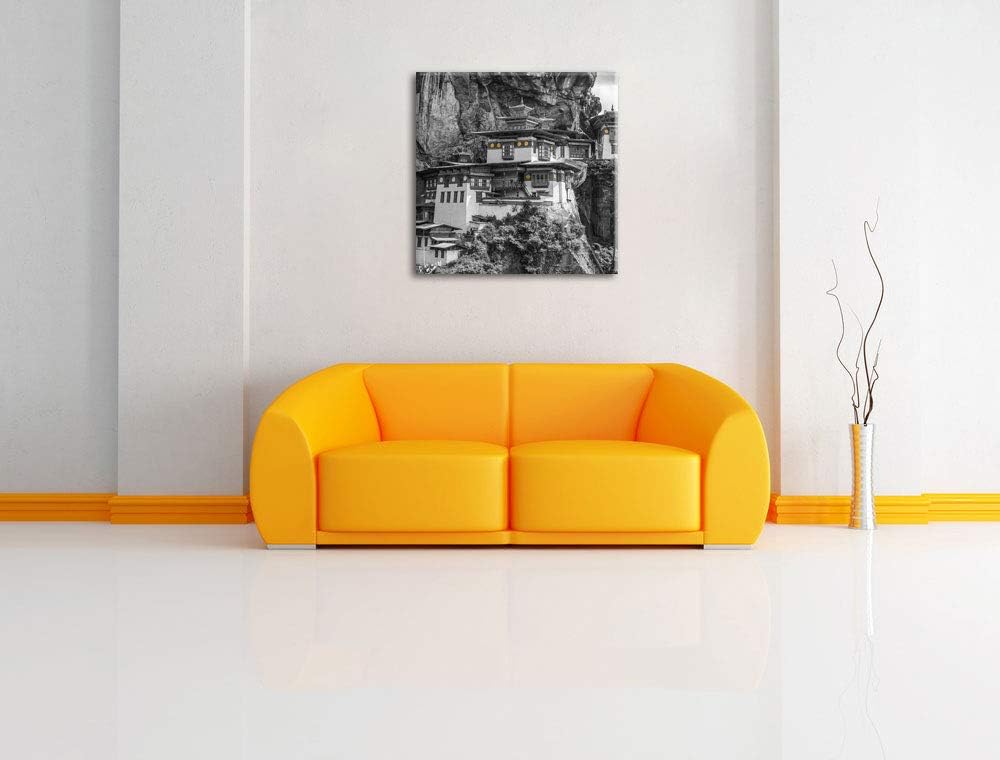 Pixxprint beeindruckende Festung im Berg schwarz/weiss, Format: 70x70 auf Leinwand, 70x70