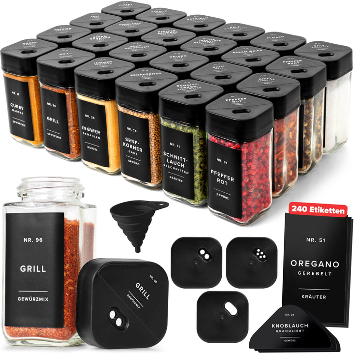 EDELHAUS Gewürzgläser Eckig Set mit Schwarzem Verstellbarerem Deckel (24 x 120ml) Gewürzstreuer mit
