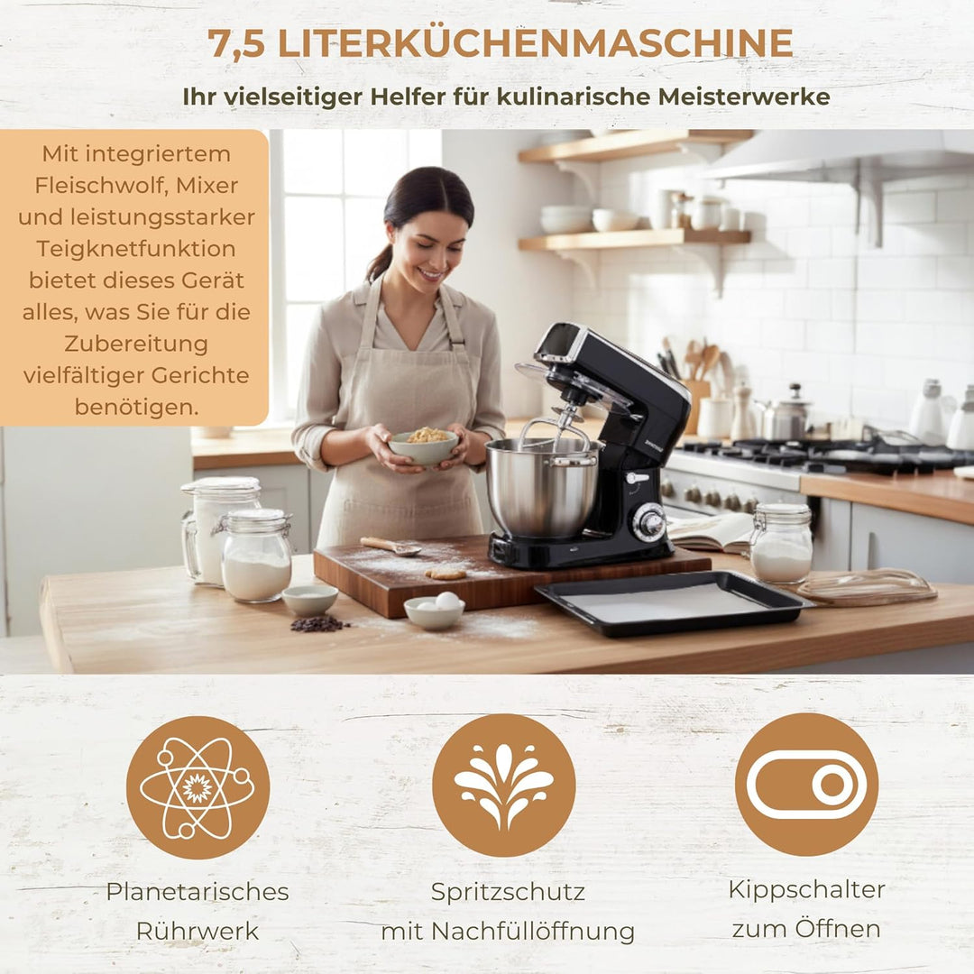 Syntrox Schwarz Küchenmaschine Wasas Mixen & Zerkleinern 7,5 Liter, Mixer und Fleischwolf in einem,