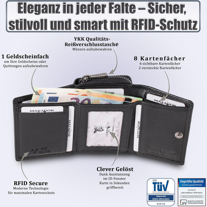 MATADOR Geldbörse Damen Portemonnaie Klein Frauen Geldbeutel Herren TüV Geprüfter RFID/NFC Schutz (B