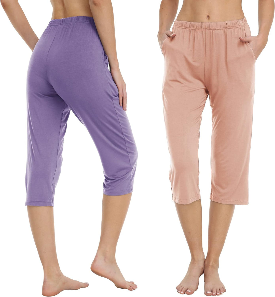 MoFiz Damen Schlafanzughose 3/4 Lang Schlafhose Modal Nachtwäsche Weich Pyjamahose Freizeithose mit