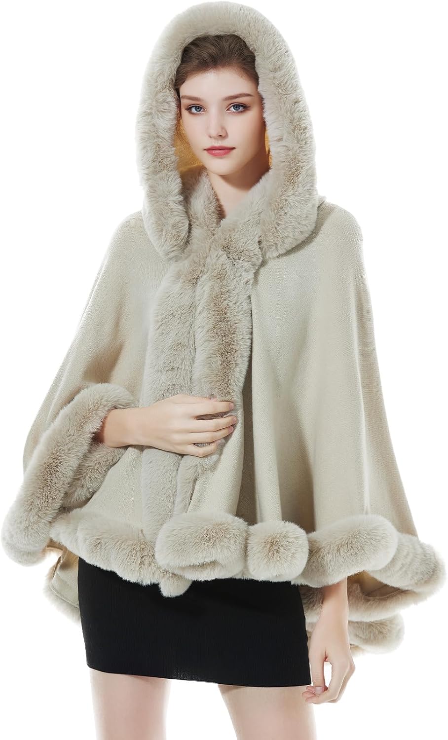 BEAUTELICATE Damen Kunstpelz Strick Poncho Cape Warm Umhang Gestrickt mit Kapuze Cardigan Brautjacke