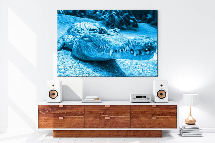deyoli Anmutiges Krokodil Format 80x60 Effekt: Monocrome Blau als Leinwandbild, Motiv fertig gerahmt