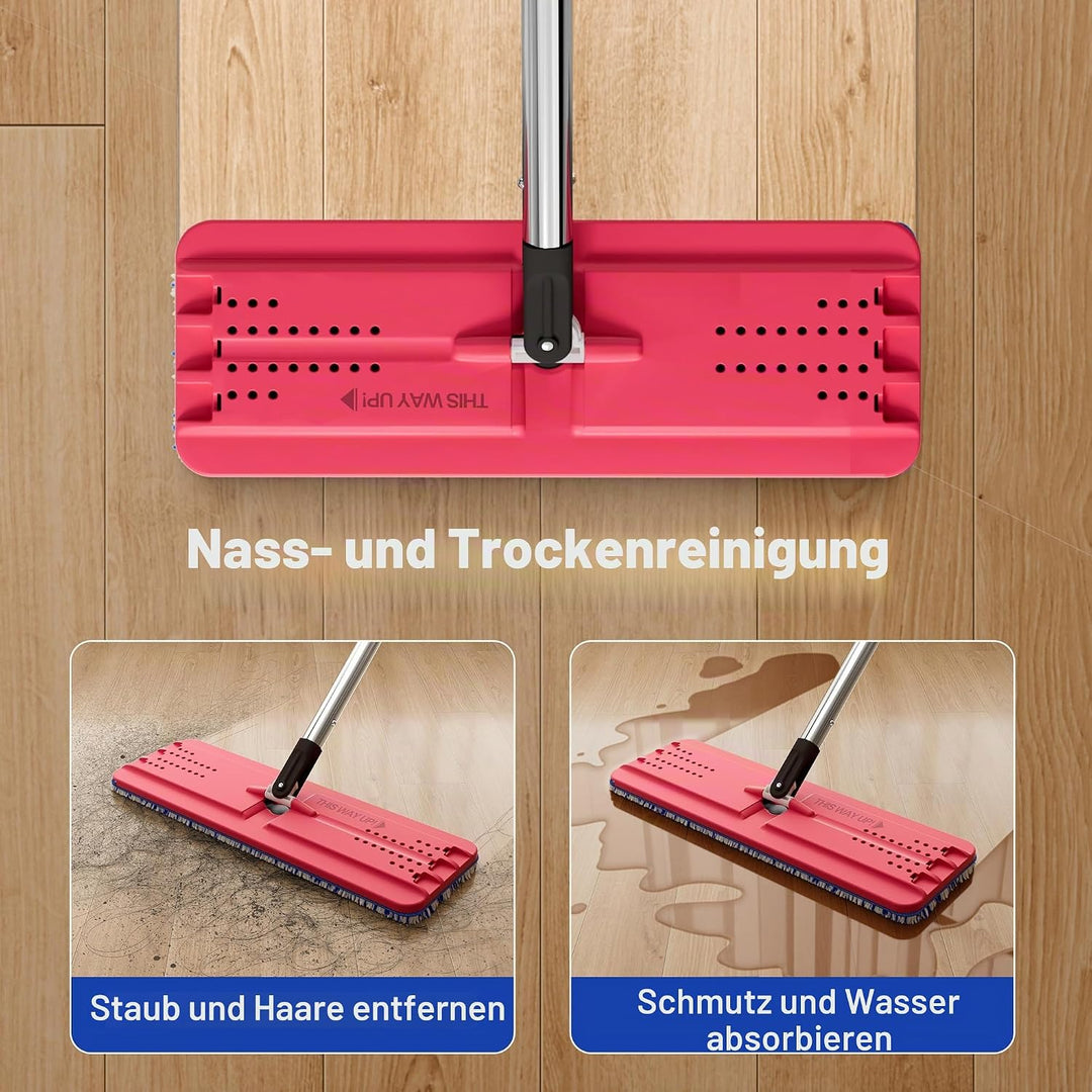 JOYMOOP Wischmopp und Eimer mit Auswringer-Set, freihändiger Flacher Bodenwischer und Eimer, mit 4 w