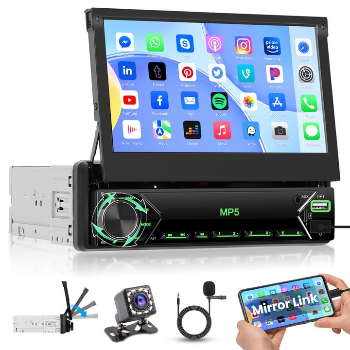 Hikity 1 Din Autoradio mit 7” IPS Manuell Einziehbarer Touchscreen Wired Mirror Link FM Radio mit 2U
