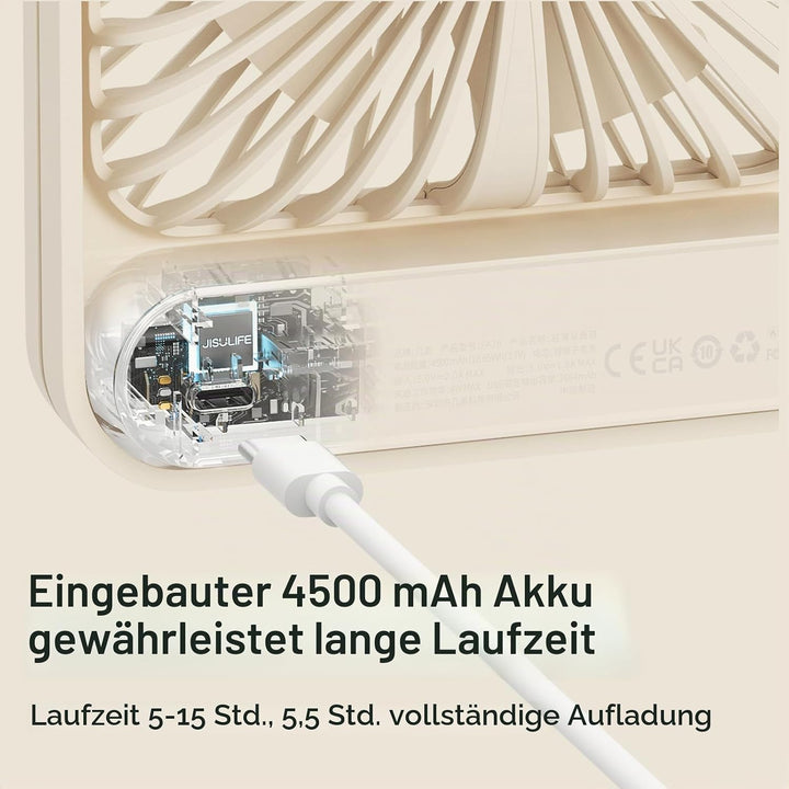 JISULIFE Tischventilator Batterie Wiederaufladbarer Ventilator，4500mAh 180° Faltbarer Tragbarer Pers