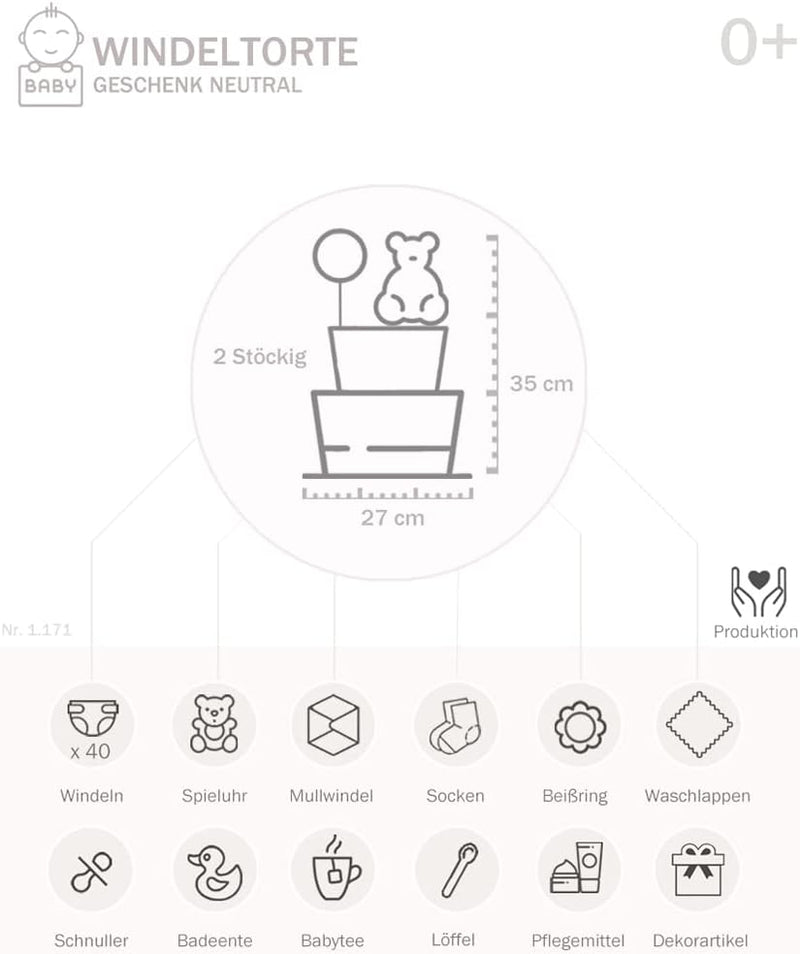 MomsStory - Windeltorte neutral | Windelgeschenk Esel | Baby-Geschenk zur Geburt Taufe Babyshower |