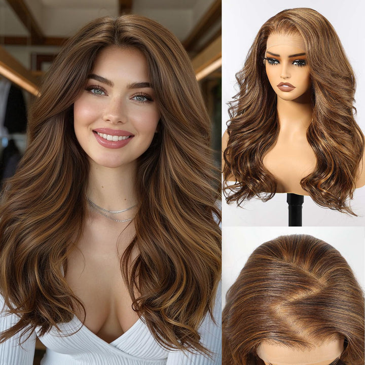 HAIRCUBE 13x6 HD Synthetische Lace-Front-Perücke, 24 Zoll gemischte braune lange lockige geschichtet