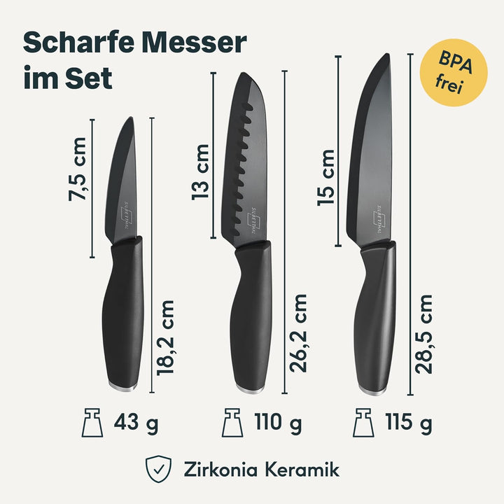 SILBERTHAL Messerblock mit Messer Schwarz - Messerset 3-teilig - robuste Keramikmesser (Santokumesse