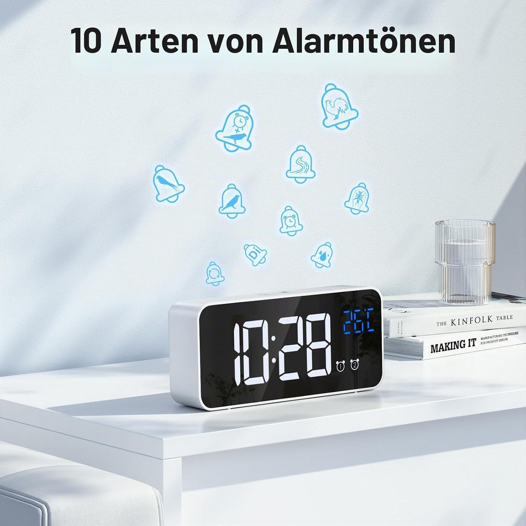Wecker Digital, LED Digitaluhr mit Temperaturanzeige Tragbarer Spiegelalarm Tischuhr mit 2 Alarmen 1