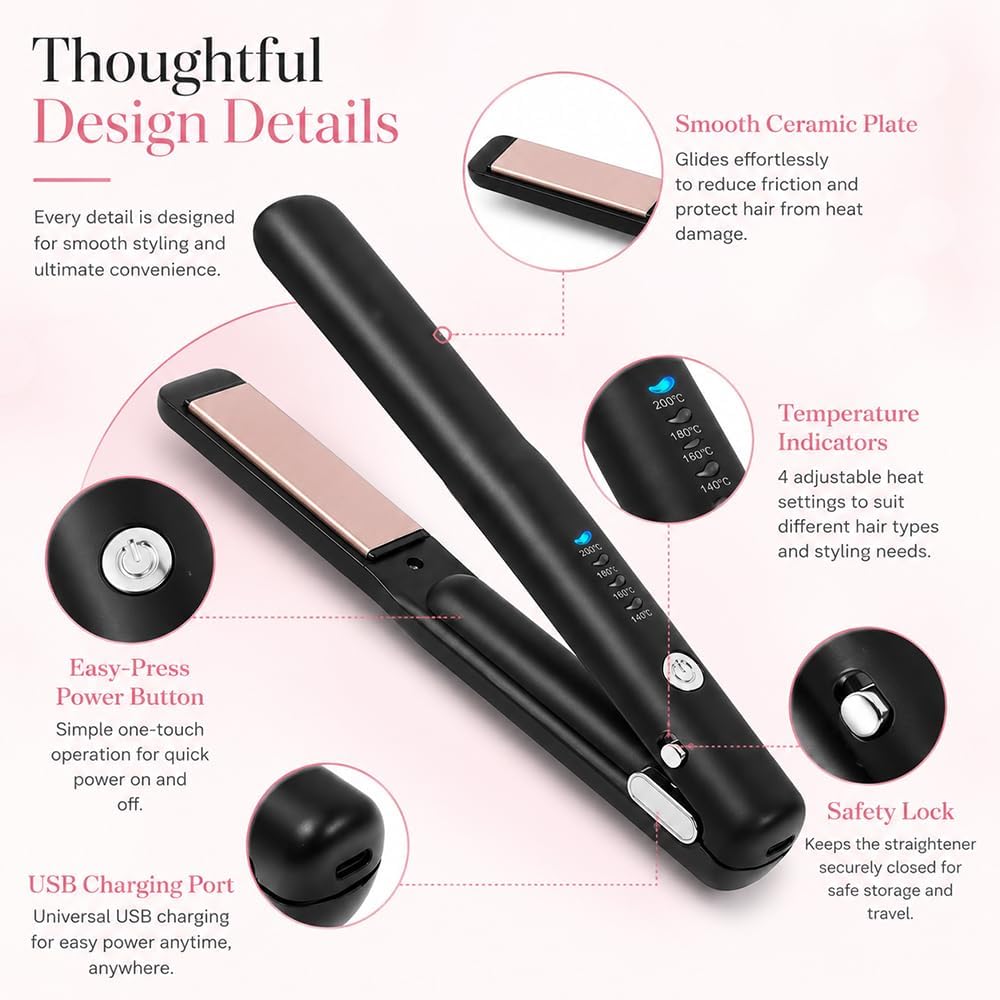 2 in 1 Glätteisen Locken und Glätten, Mini Glätteisen Kabellos mit USB-C Aufladung, Keramik Haarglät