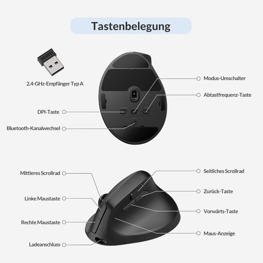 Keychron M5 8K ergonomische Vertikal-Gaming-Maus, 30 000 DPI, 750 IPS, 2,4 GHz/Bluetooth 5,3 / USB-C