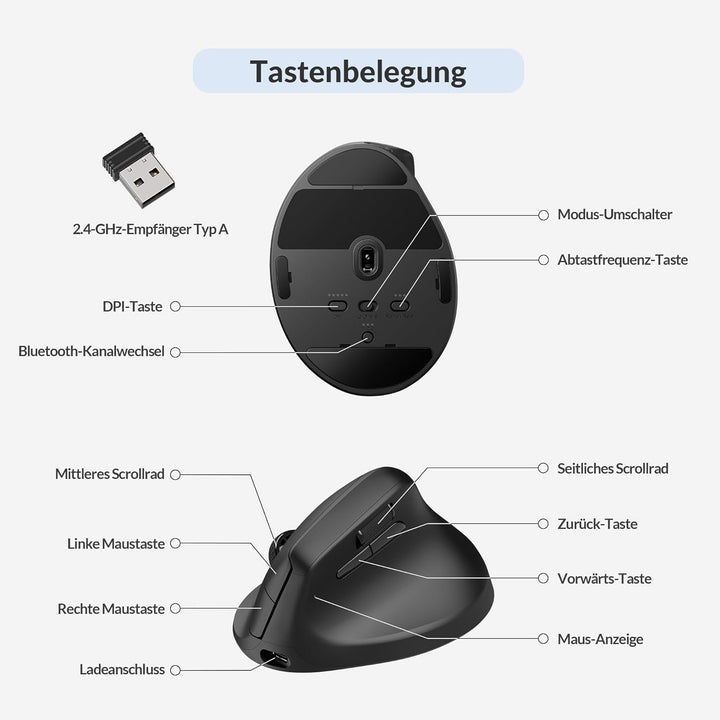Keychron M5 8K ergonomische Vertikal-Gaming-Maus, 30 000 DPI, 750 IPS, 2,4 GHz/Bluetooth 5,3 / USB-C