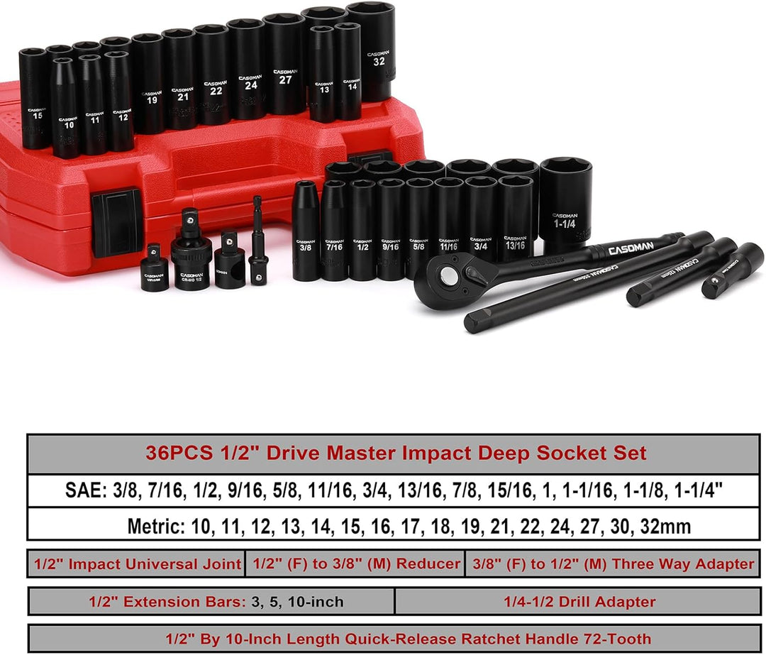 CASOMAN 1/2 Zoll Drive Master Impact Steckschlüssel-Set, 36-teilig tief, Standard SAE (3/8 Zoll bis