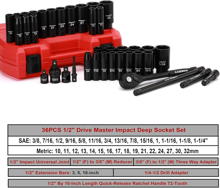 CASOMAN 1/2 Zoll Drive Master Impact Steckschlüssel-Set, 36-teilig tief, Standard SAE (3/8 Zoll bis