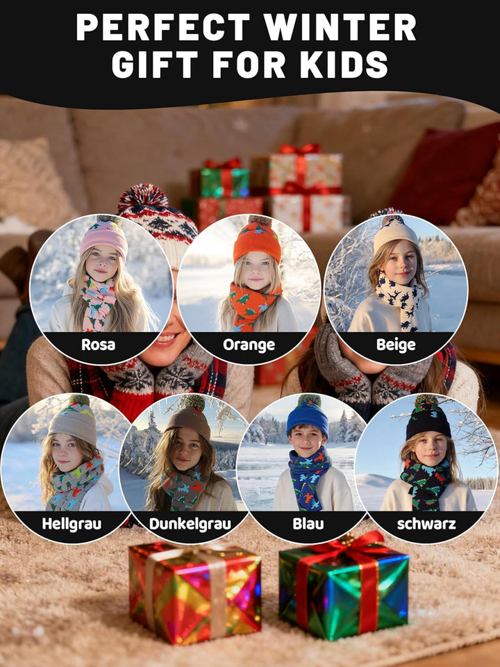 NATUST Mütze Schal Handschuh-Sets für Jungen Dinosaurier Wintermütze mit Bommel Warmer Strickschal H
