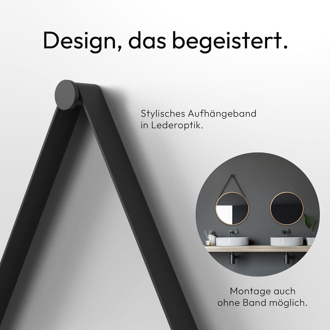 Talos Golden Style Spiegel rund Ø 50 cm – runder Wandspiegel in Gold mit Aufhänge Band in Lederoptik