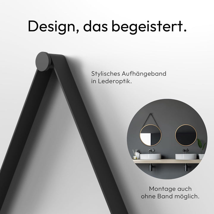 Talos Golden Style Spiegel rund Ø 50 cm – runder Wandspiegel in Gold mit Aufhänge Band in Lederoptik