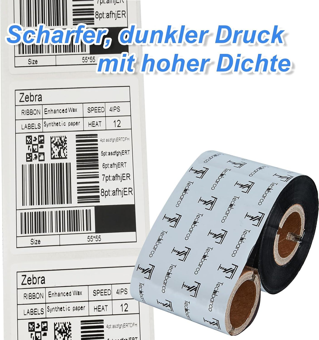 Premium Wachsband mit Thermotransferband, verstärktes Wachs, Kern 2,5 cm, Schwarz, Tinte aussen, mit