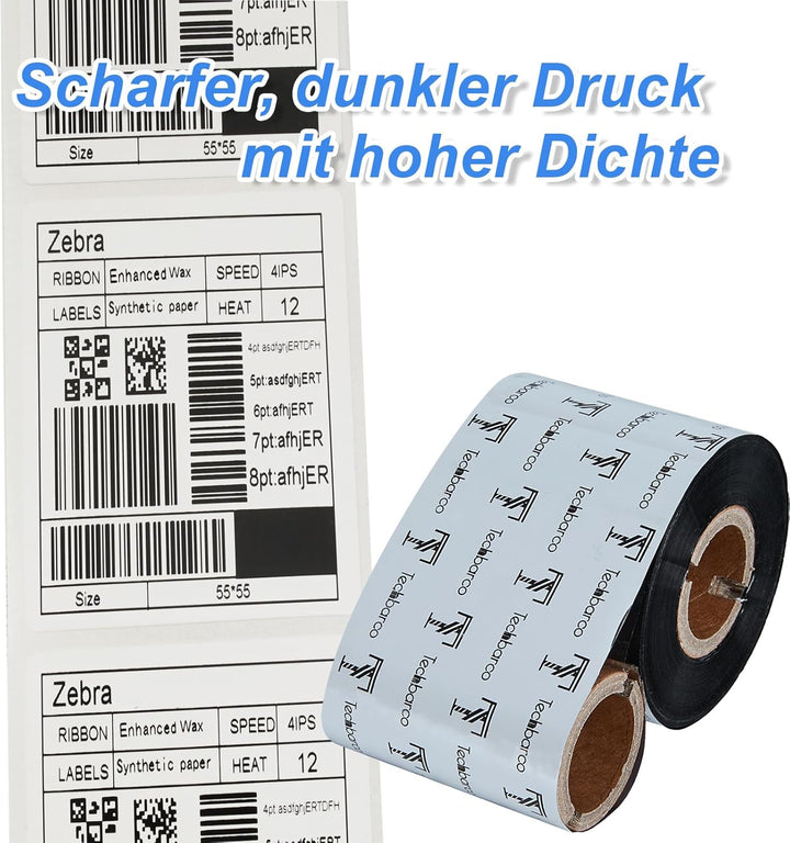Premium Wachsband mit Thermotransferband, verstärktes Wachs, Kern 2,5 cm, Schwarz, Tinte aussen, mit